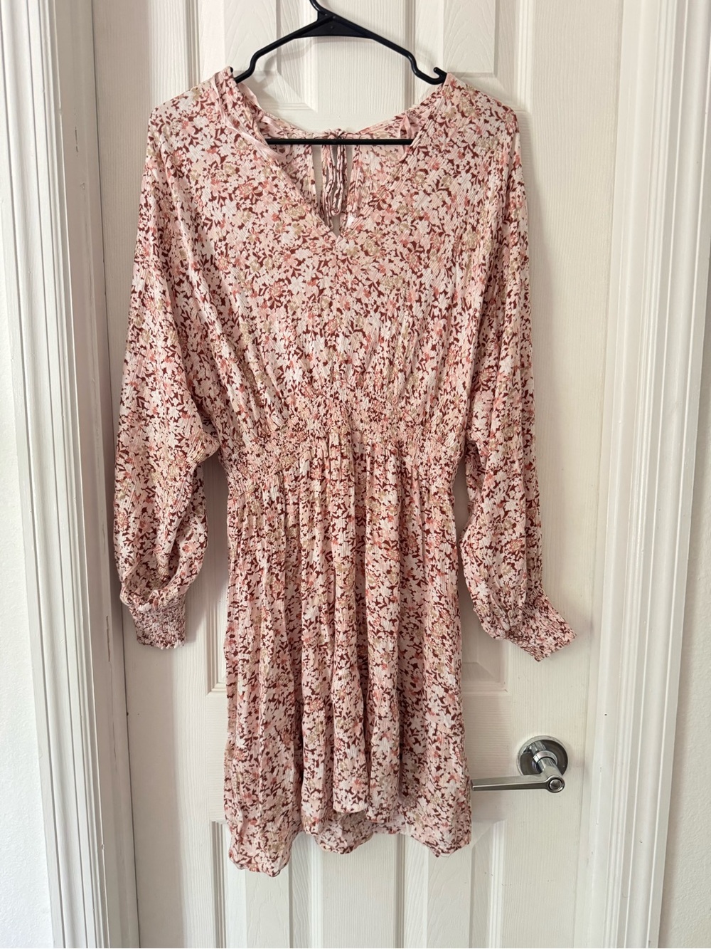 Blush Pink Floral Long-Sleeve V-Neck Smocked Dress